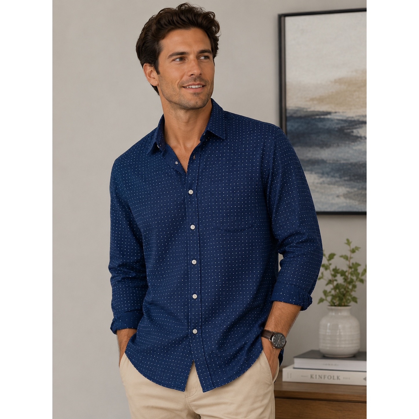 Croft & Barrow Men Navy Blue Micro Print Long Sleeve Business Casual Dress Shirt
